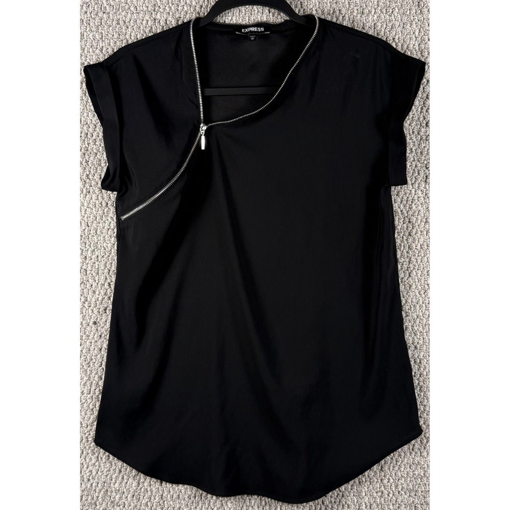 Express Asymmetrical Zip Top Blouse XS Black Short Sleeve Workwear Edgy Modern